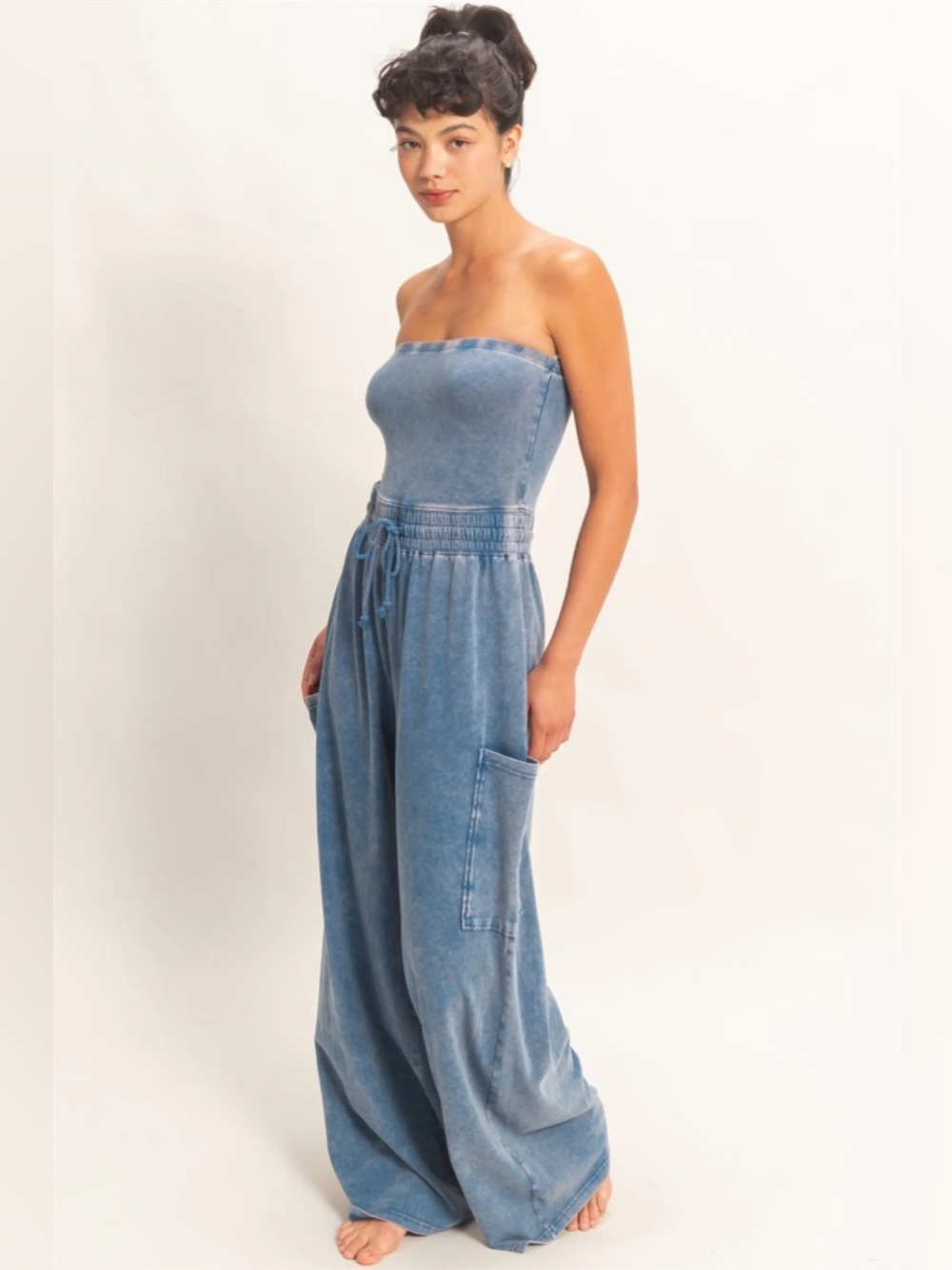 NEW Double Zero Blue Mineral Wash Strapless Wide-Leg Jumpsuit Size Medium